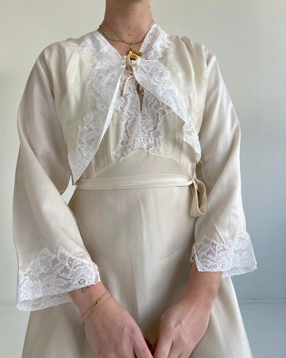 1930's Cream Silk Slip Dress with White Lace and Jacket Set Eveliina