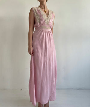 1930's Pink Silk Slip Dress with Cream Lace