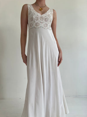 1930's Bridal White Silk Slip Dress with Floral Embroidery