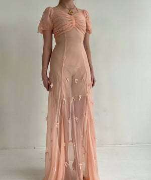 1930's Peach Dress with Puffed Sleeve and Bows