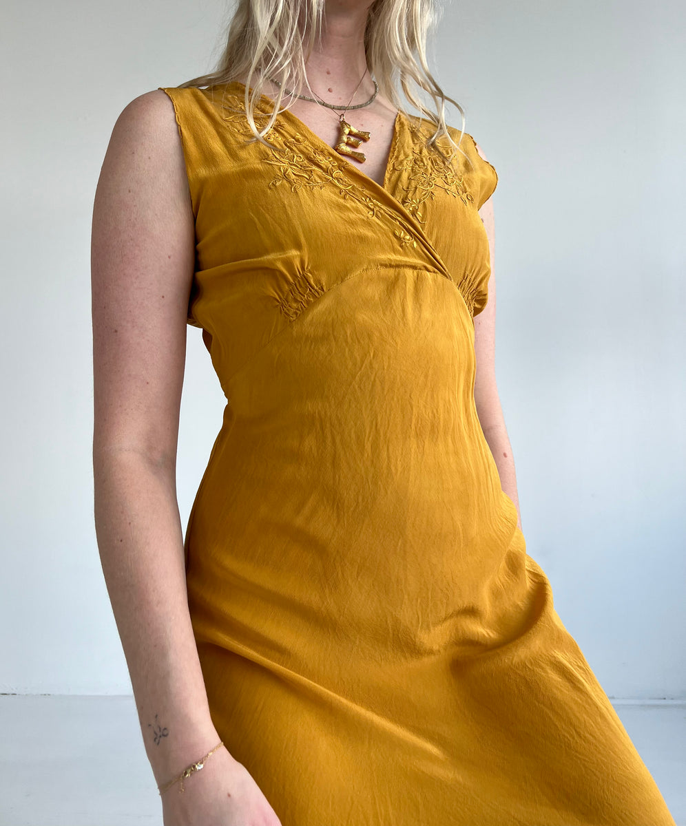 mustard yellow slip dress Mustard Yellow Silk Slip Dress V-neck Silk slip midi dress