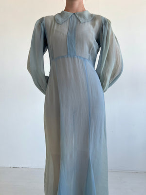 1930's Blue Silk Chiffon Dress