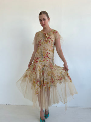 1920's Floral Silk Chiffon Dress