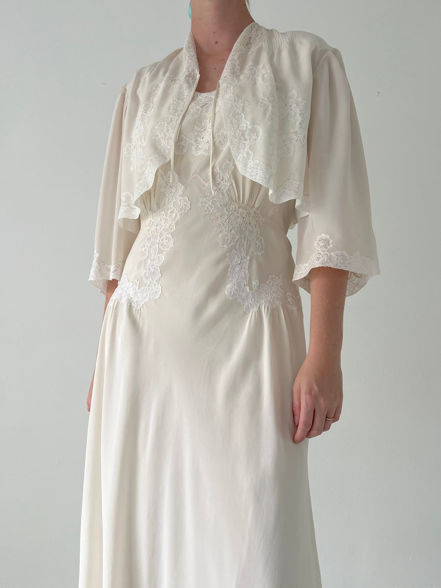 Handmade 1930's Cream Silk Slip and Jacket Set with White Lace