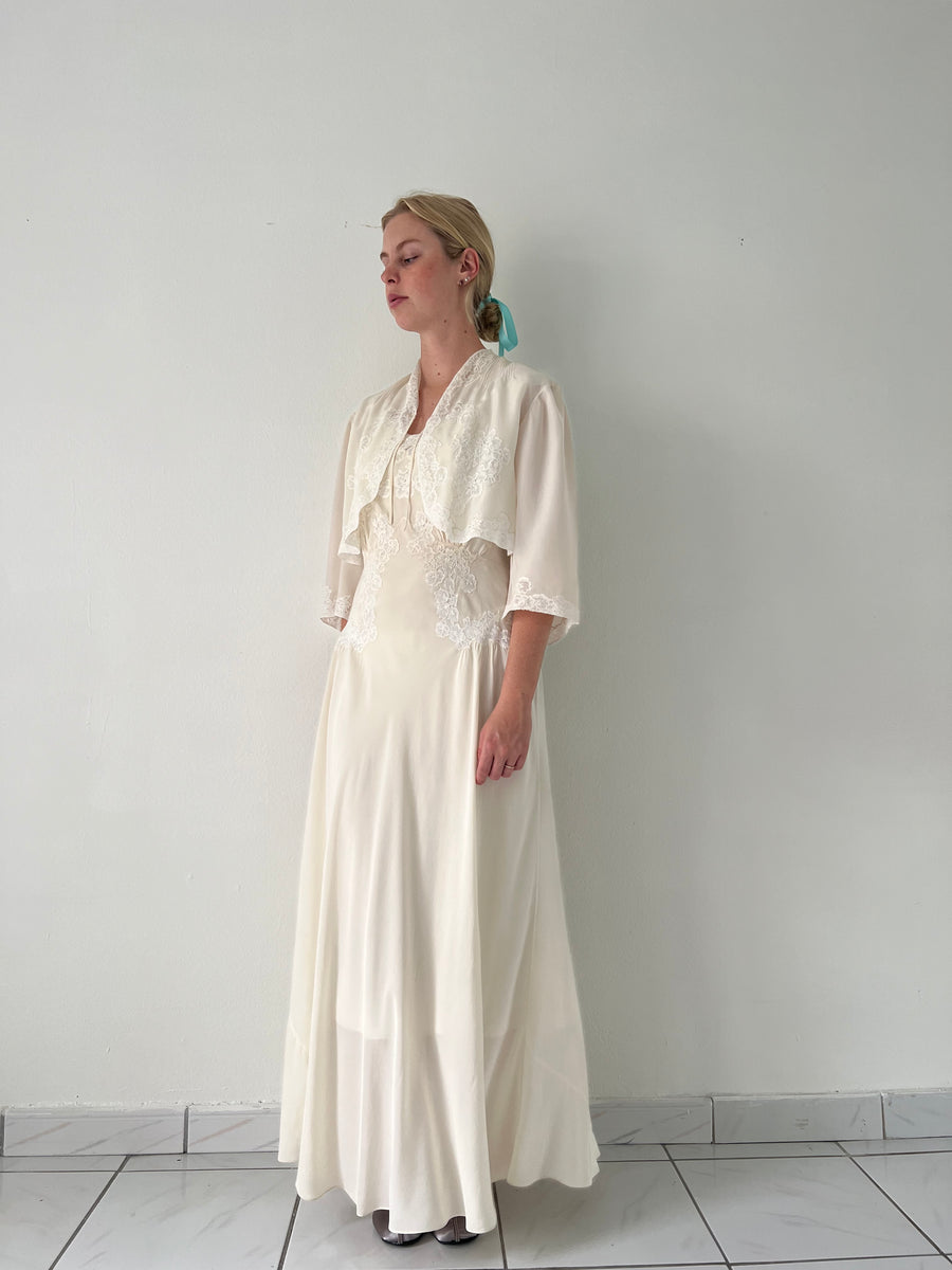 Handmade 1930's Cream Silk Slip and Jacket Set with White Lace