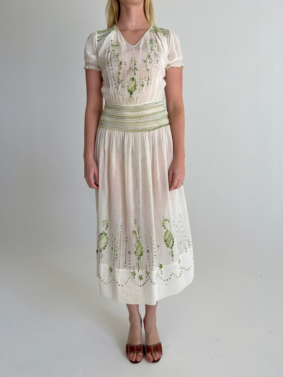 Green Embroidered Hungarian White Cotton Dress – Eveliina Vintage