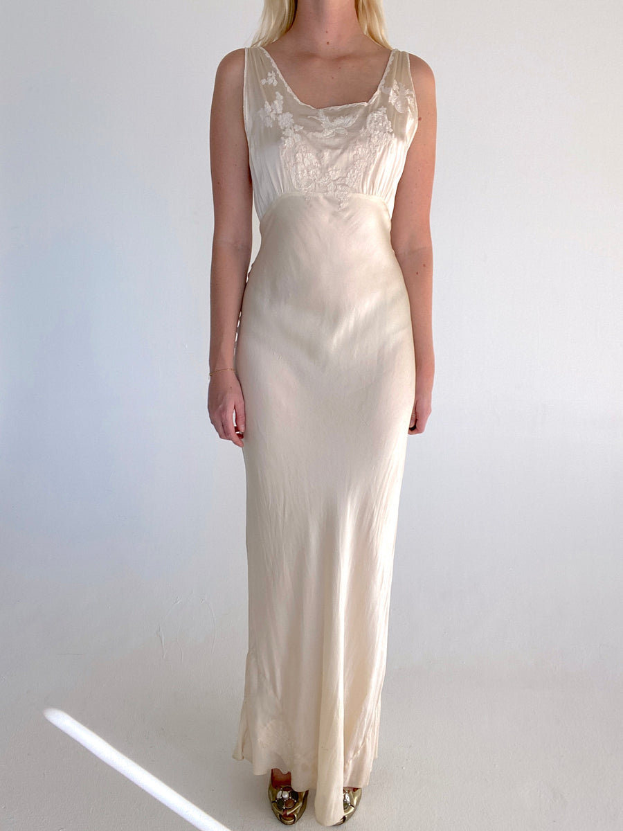victorian slip dress 1930's Cream Silk Slip Dress with Bird Embroidery Lace insert – Eveliina  Vintage