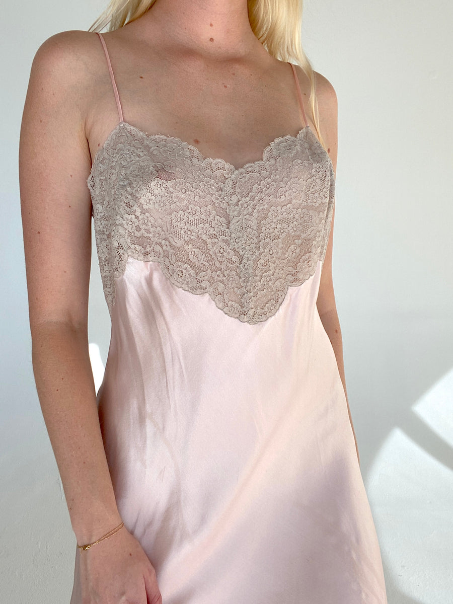 1940's Pink Silk Slip with Cream Lace