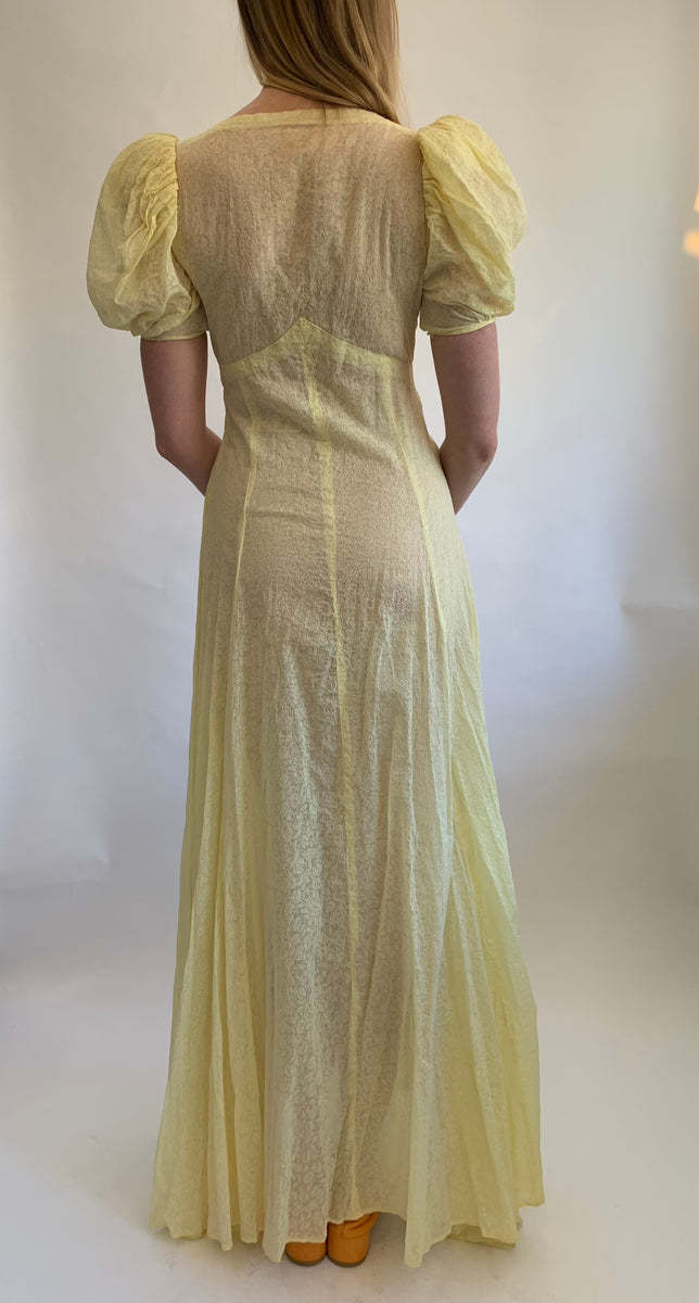 1930's Yellow Lightweight Silk Cloque Dress with Puffed Sleeves – Eveliina  Vintage