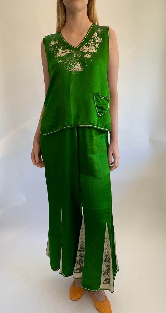 1920's Deep Emerald Green Silk Embroidered Pajama Set