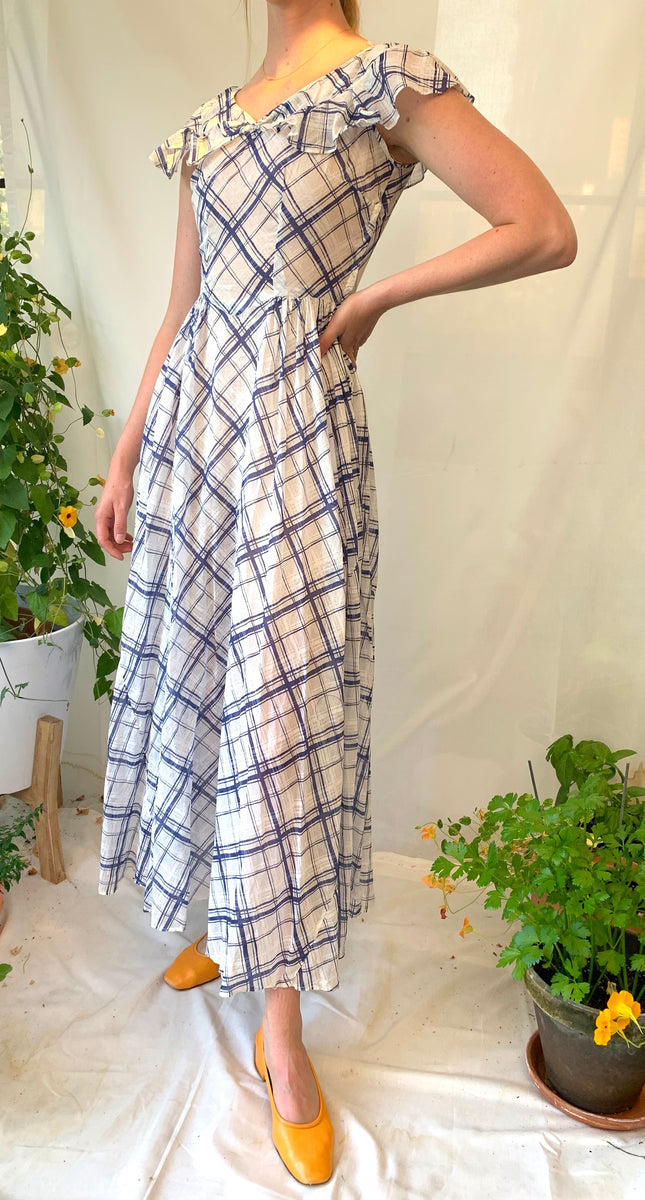 1930's Blue and White Plaid Cotton Picnic Dress