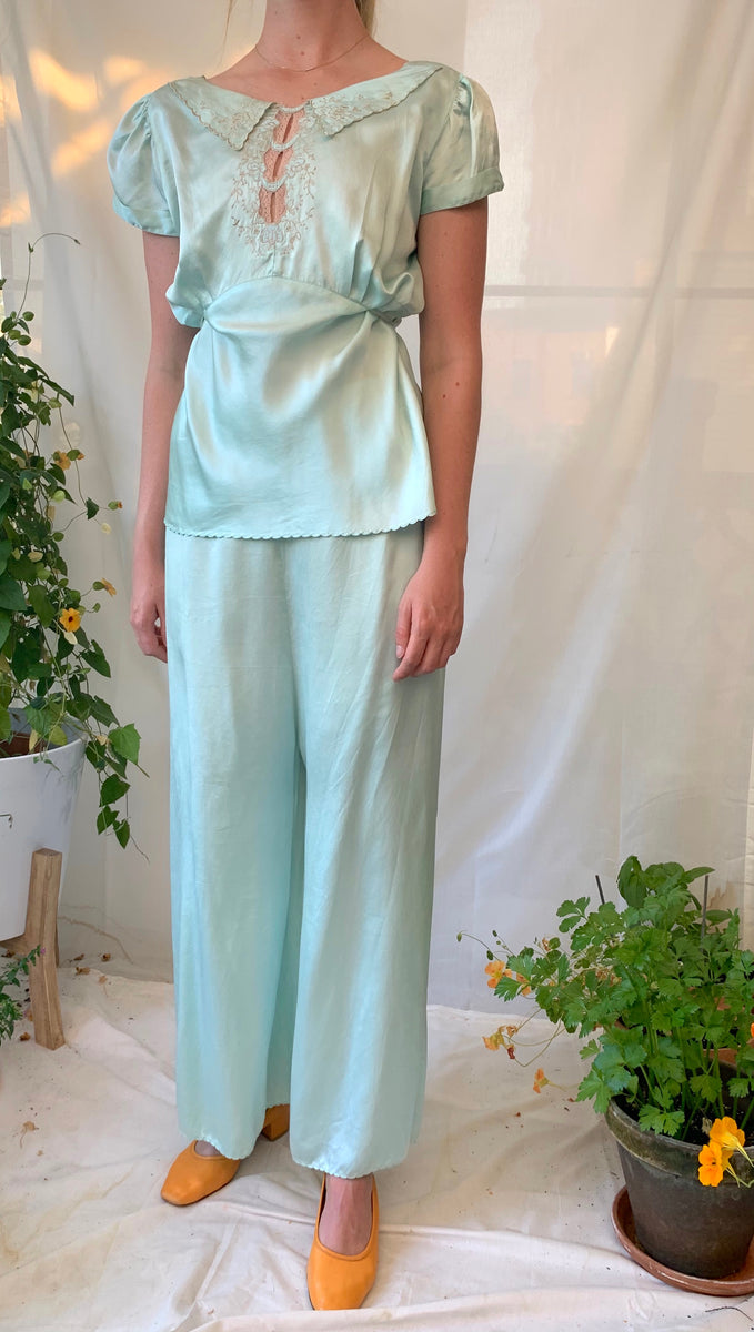 Aqua Silk Pajama Set With Cream Lace Eveliina Vintage