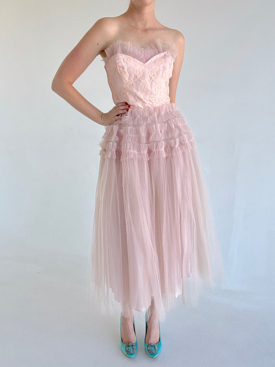 Vintage 1950's 50s STRAPLESS Bombshell Silk Lace Tulle Party Prom