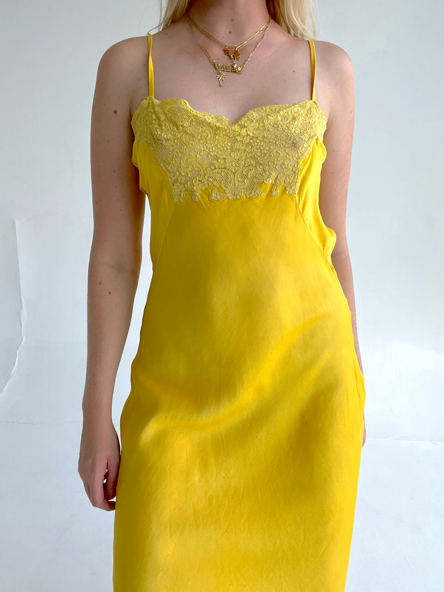 Hand Dyed Sunshine Yellow Spaghetti Strap Silk Slip  Eveliina Vintage