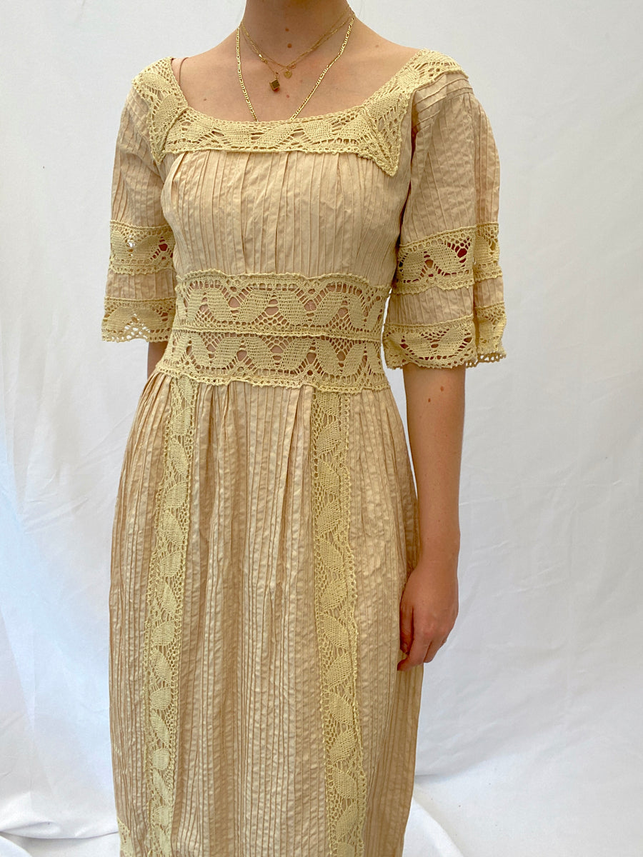 1970's Pink Cotton Mexican Wedding Dress with Cream Crochet Inserts