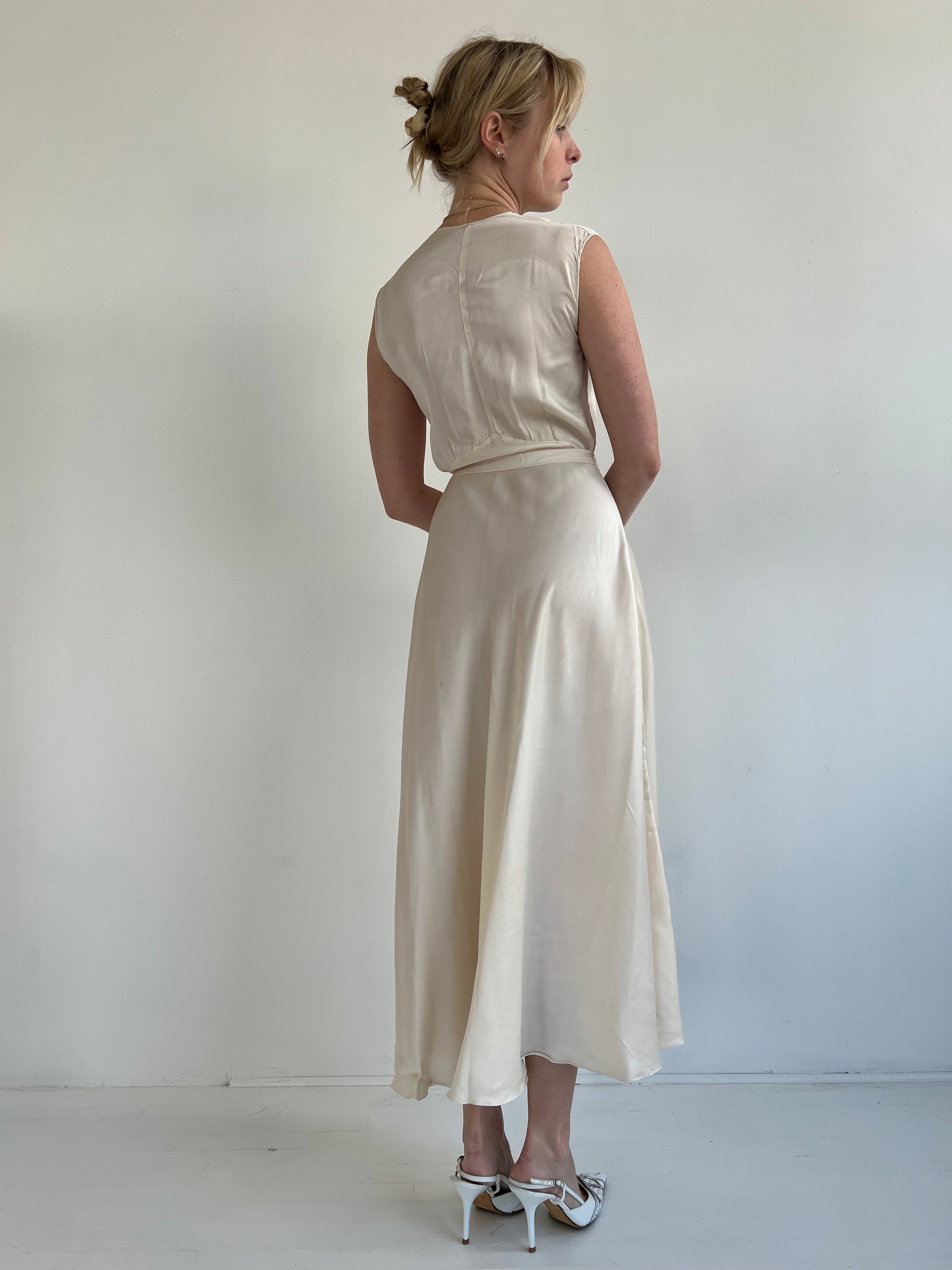 1930's Cream Silk Slip Dress with White Lace and Jacket Set