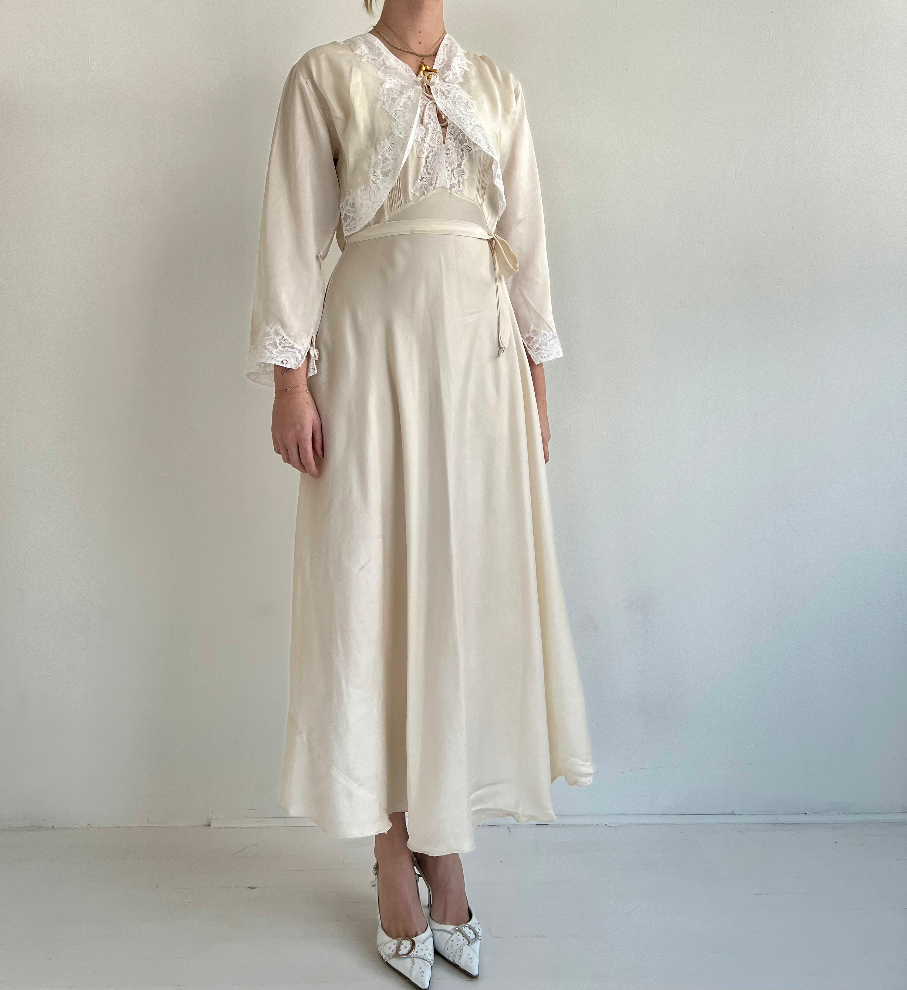 1930's Cream Silk Slip Dress with White Lace and Jacket Set Eveliina Vintage 1930's Cream Silk Slip Dress with White Lace and Jacket Set Eveliina Vintage