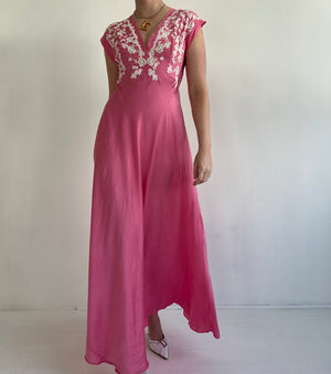 1930's Berry Pink Silk Slip Dress with Cream Lace