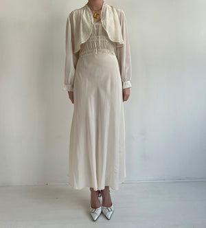 1930's White Silk Slip Dress and Jacket with Floral Eyelet