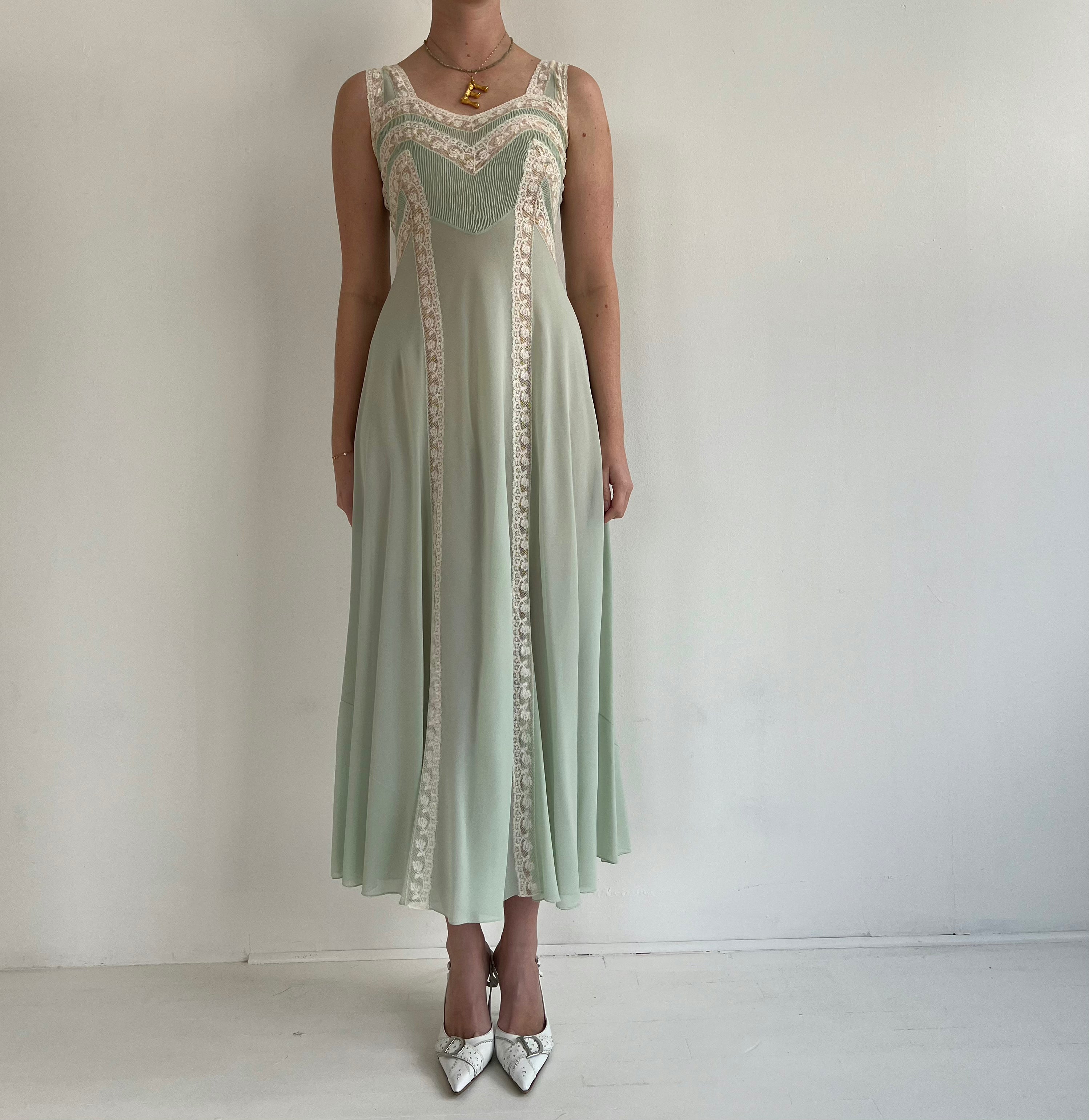 1930's Pale Green Silk and White Lace Slip Dress and Jacket Set Eveliina Vintage 1930's Pale Green Silk and White Lace Slip Dress and Jacket Set Eveliina Vintage