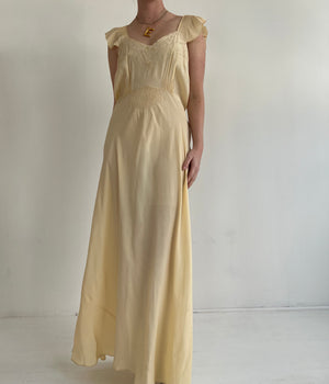 1930's Butter Yellow Silk Slip Dress with Ruffle Sleeve