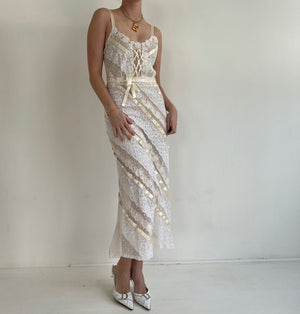1990's White Lace Dress with Champagne Trim
