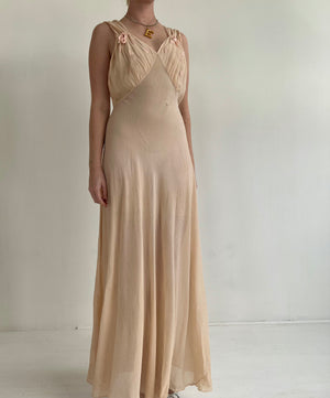 1930's Dusty Rose Silk Chiffon Slip Dress With Floral Embroidery