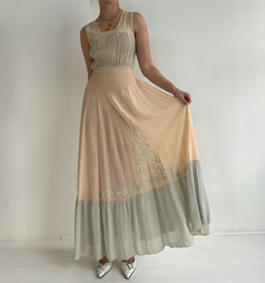 1930's Handmade Dusty Pink And Blue Silk Chiffon Dress with Floral Embroidery