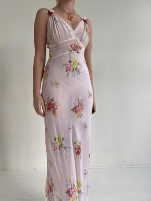 1930's Pink Floral Bouquet and Bow Print Chiffon Slip Dress