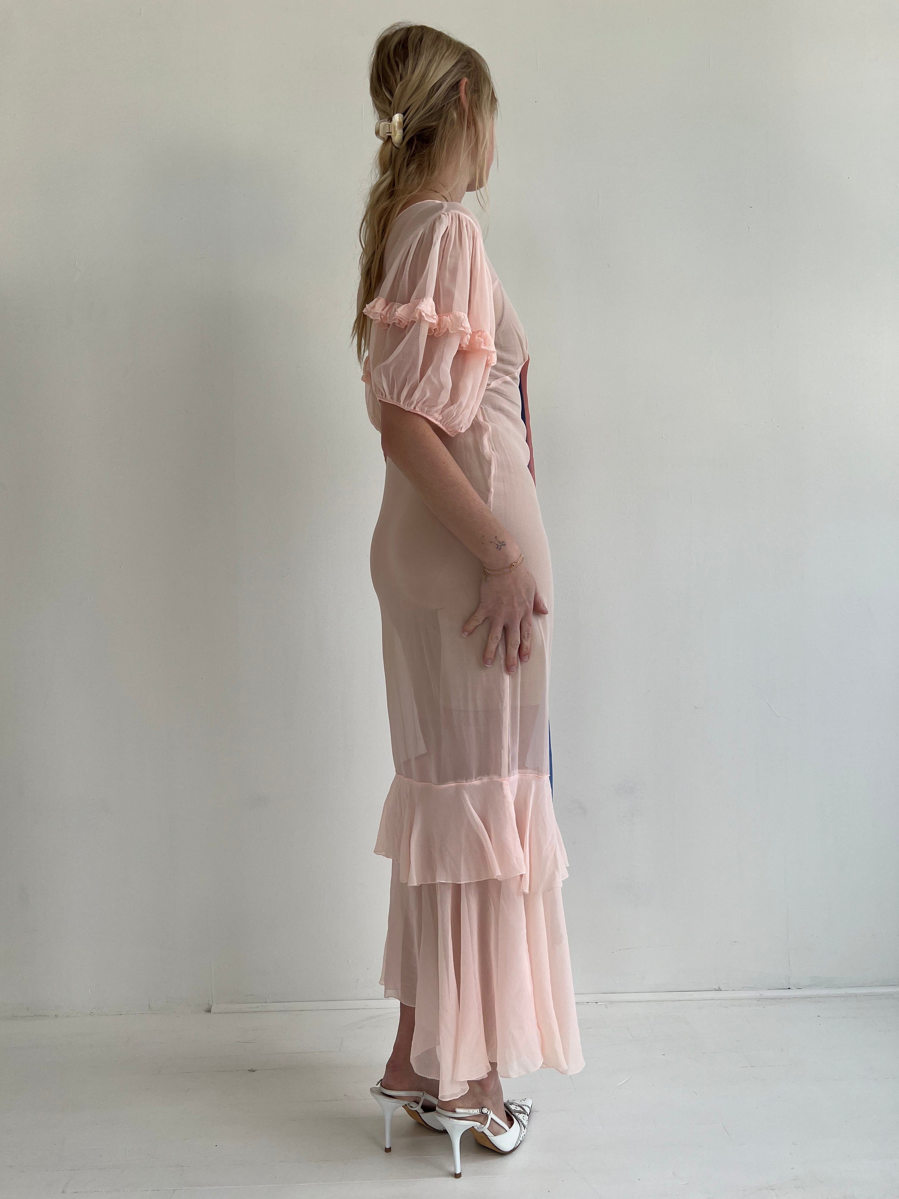 pink silk ruffle dress 21Six ELISABETH PEACH FUZZ SILK RUFFLES DRESS