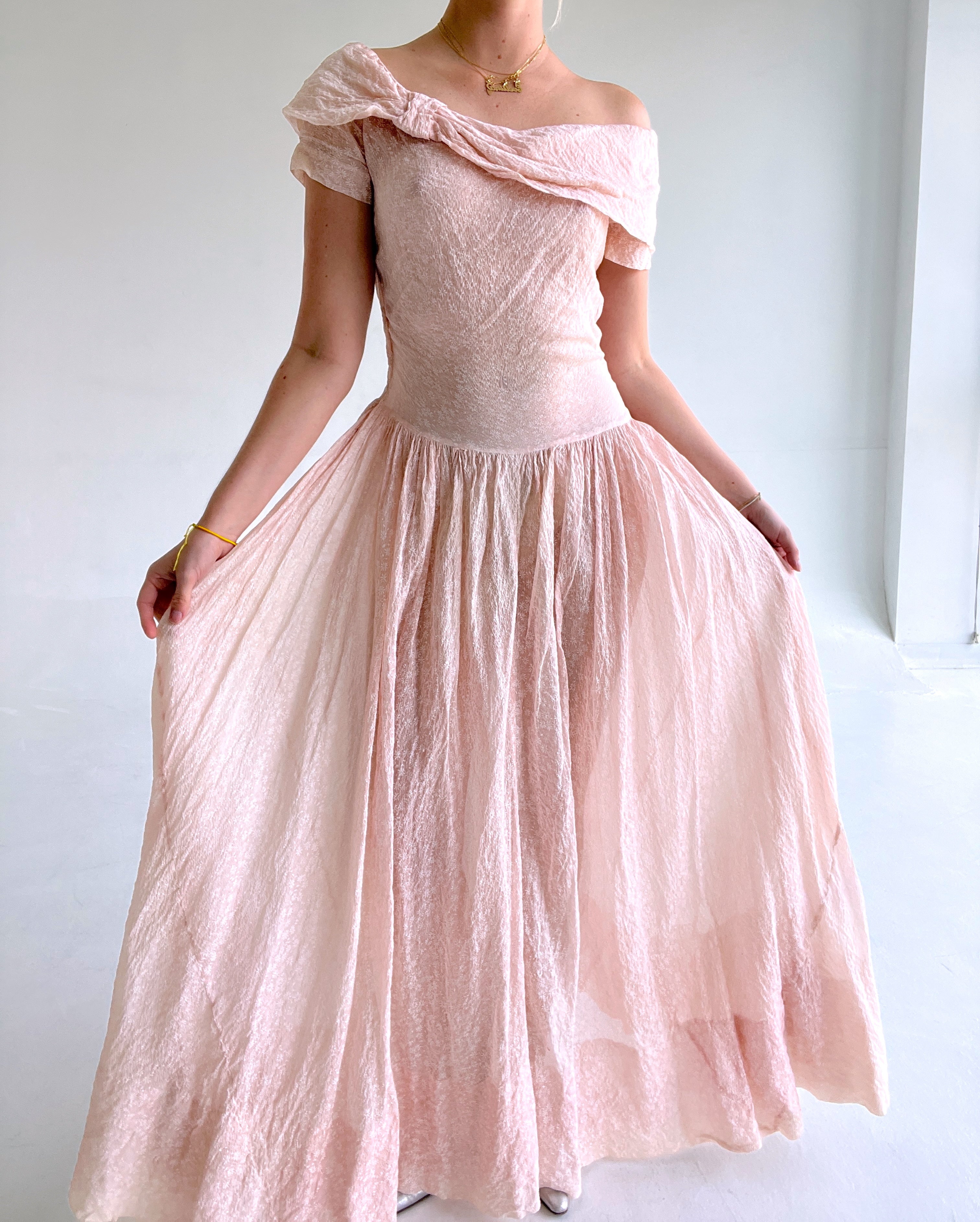 1930's Pink Cotton Organza Gown with White Floral Print