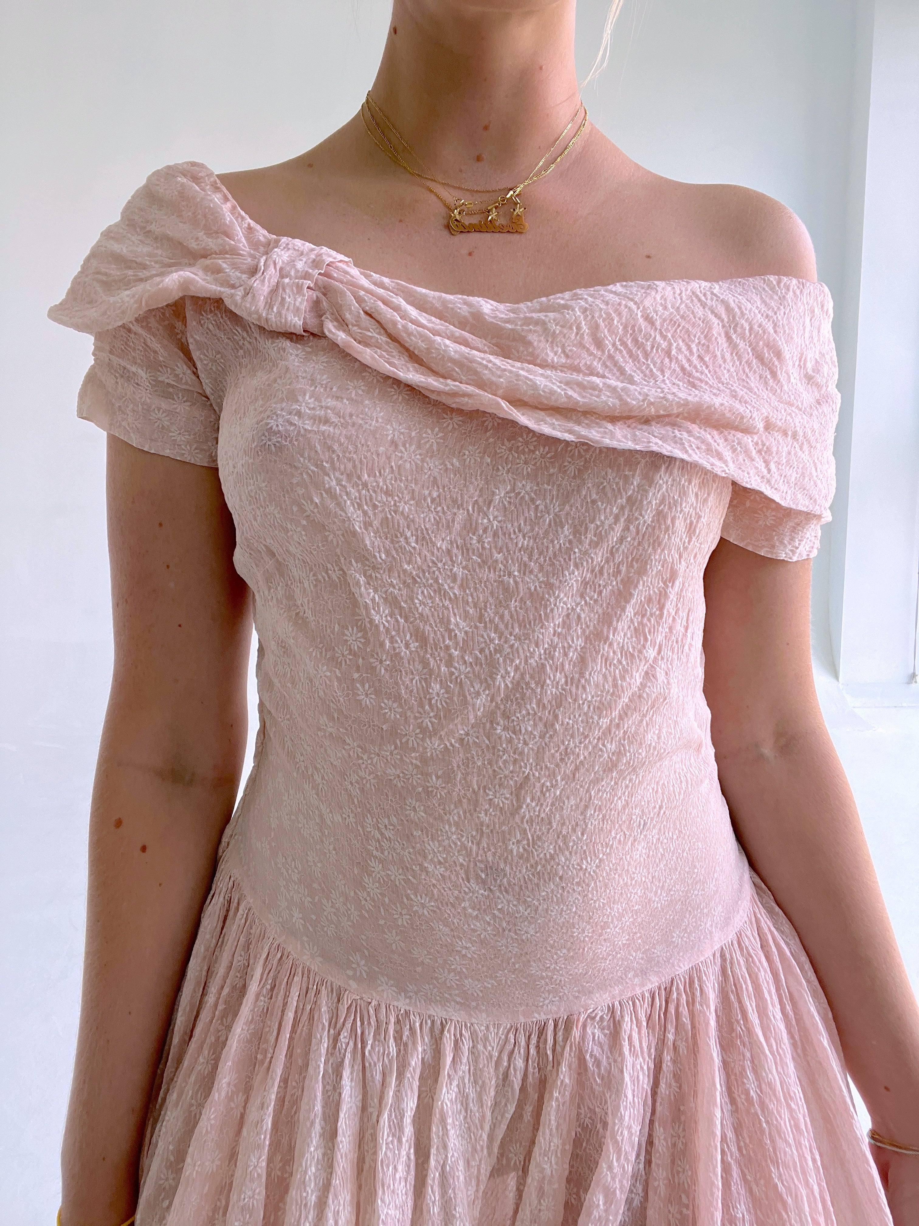 1930's Pink Cotton Organza Gown with White Floral Print