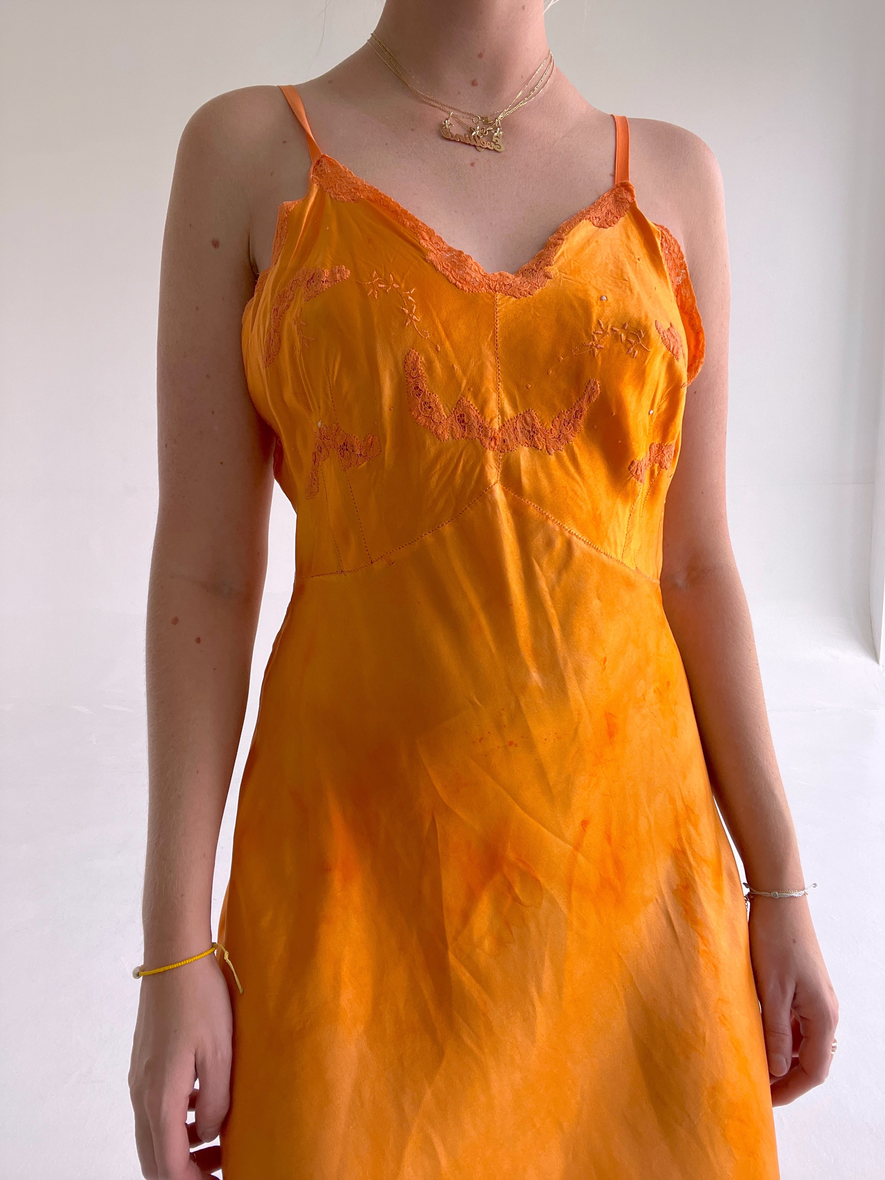 Hand Dyed Orange Silk Spaghetti Strap Slip