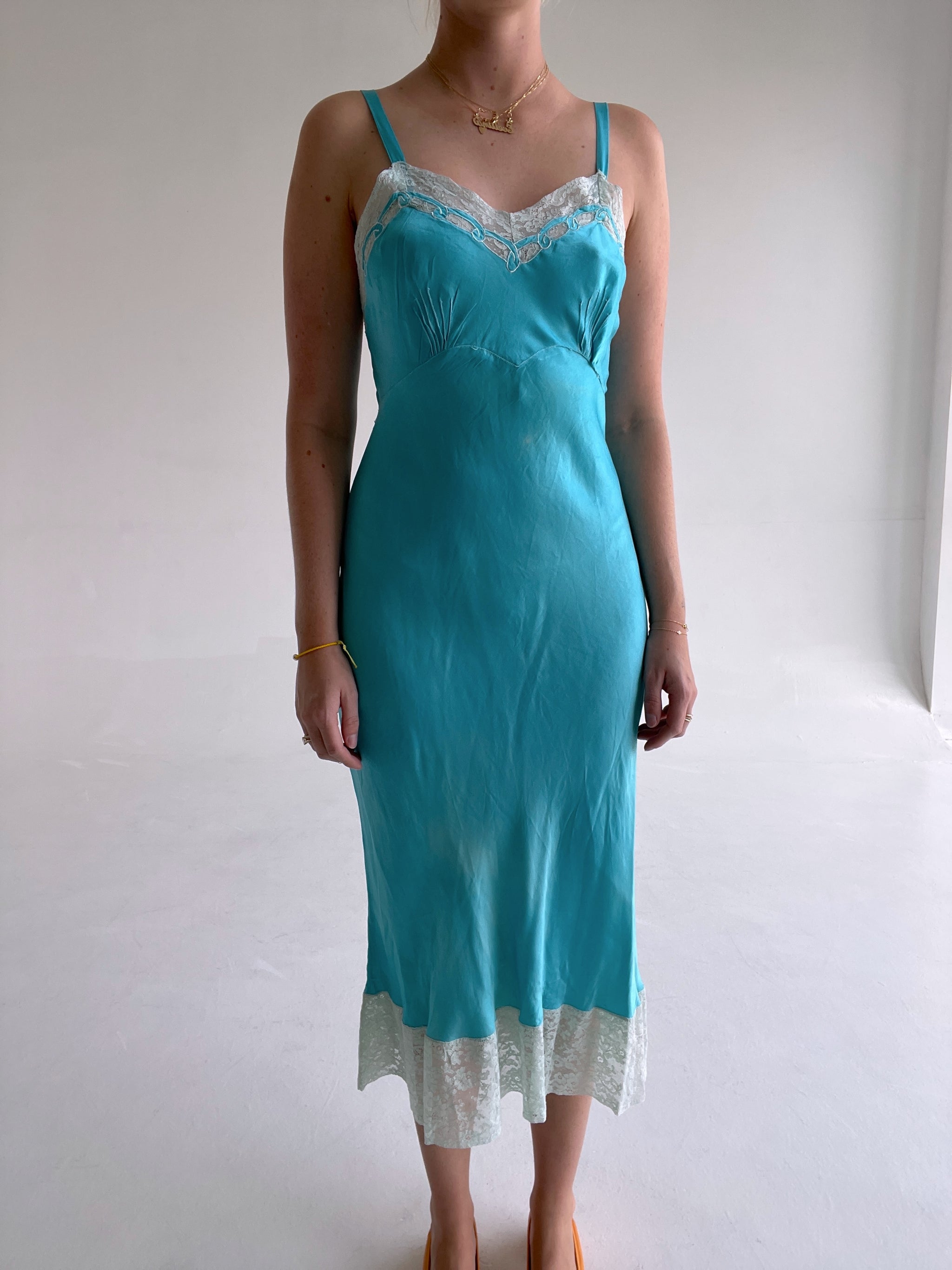 Hand Dyed Tropical Blue Silk Slip Eveliina Vintage Hand Dyed Tropical Blue Silk Slip Eveliina Vintage
