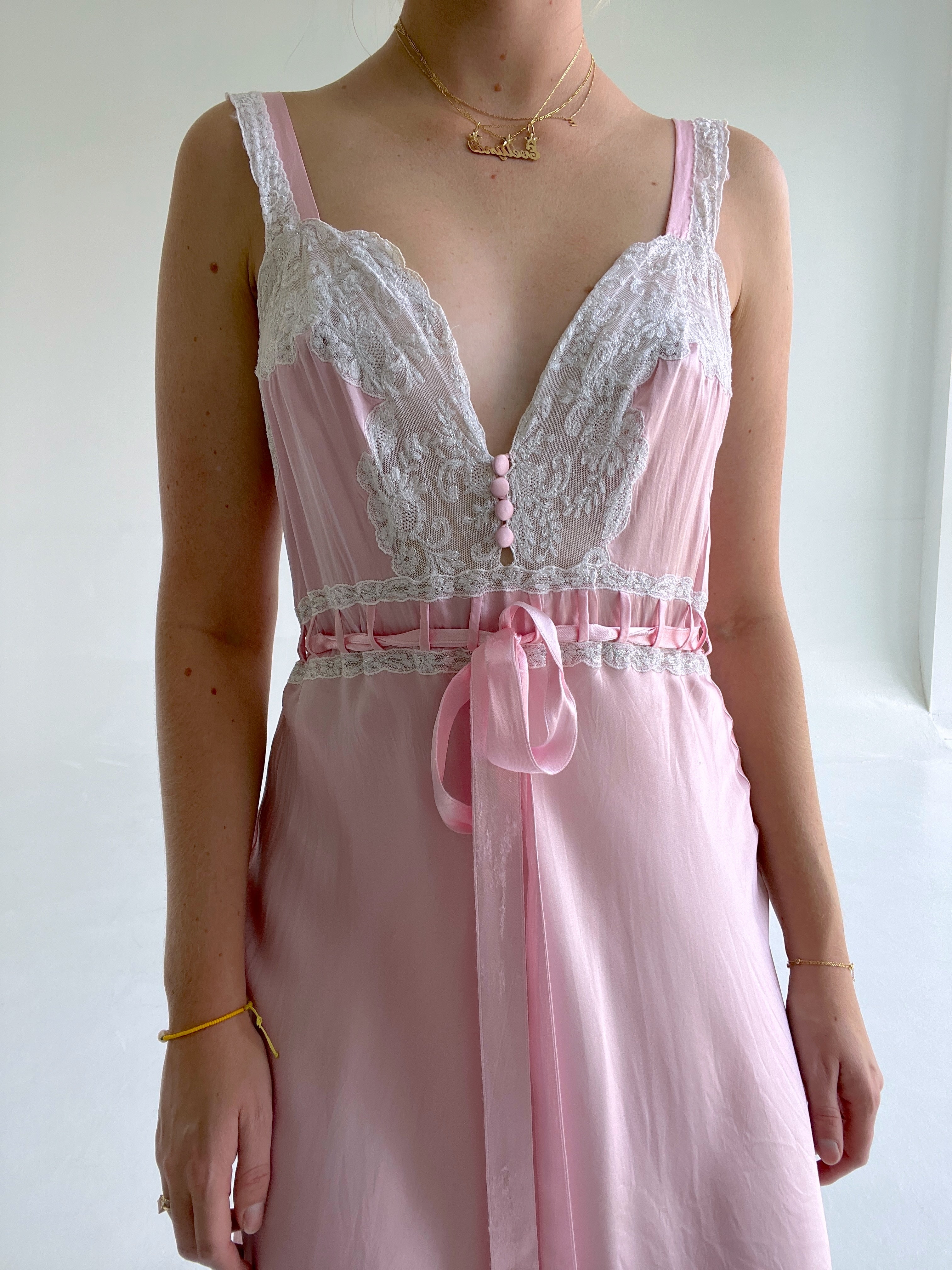 1950's Pink Silk Slip with Glitter Lace
