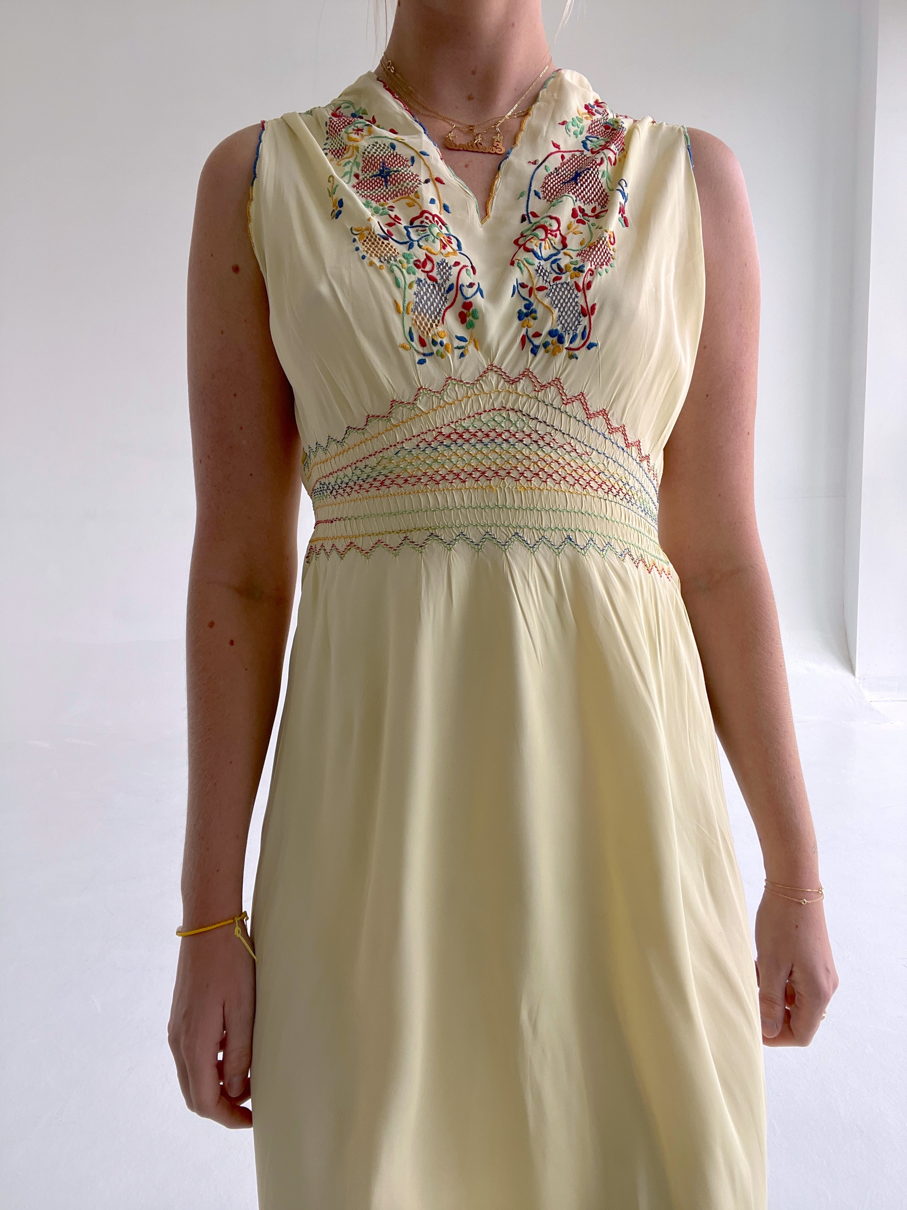 1930's Canary Yellow Dress with Multicolor Stitching