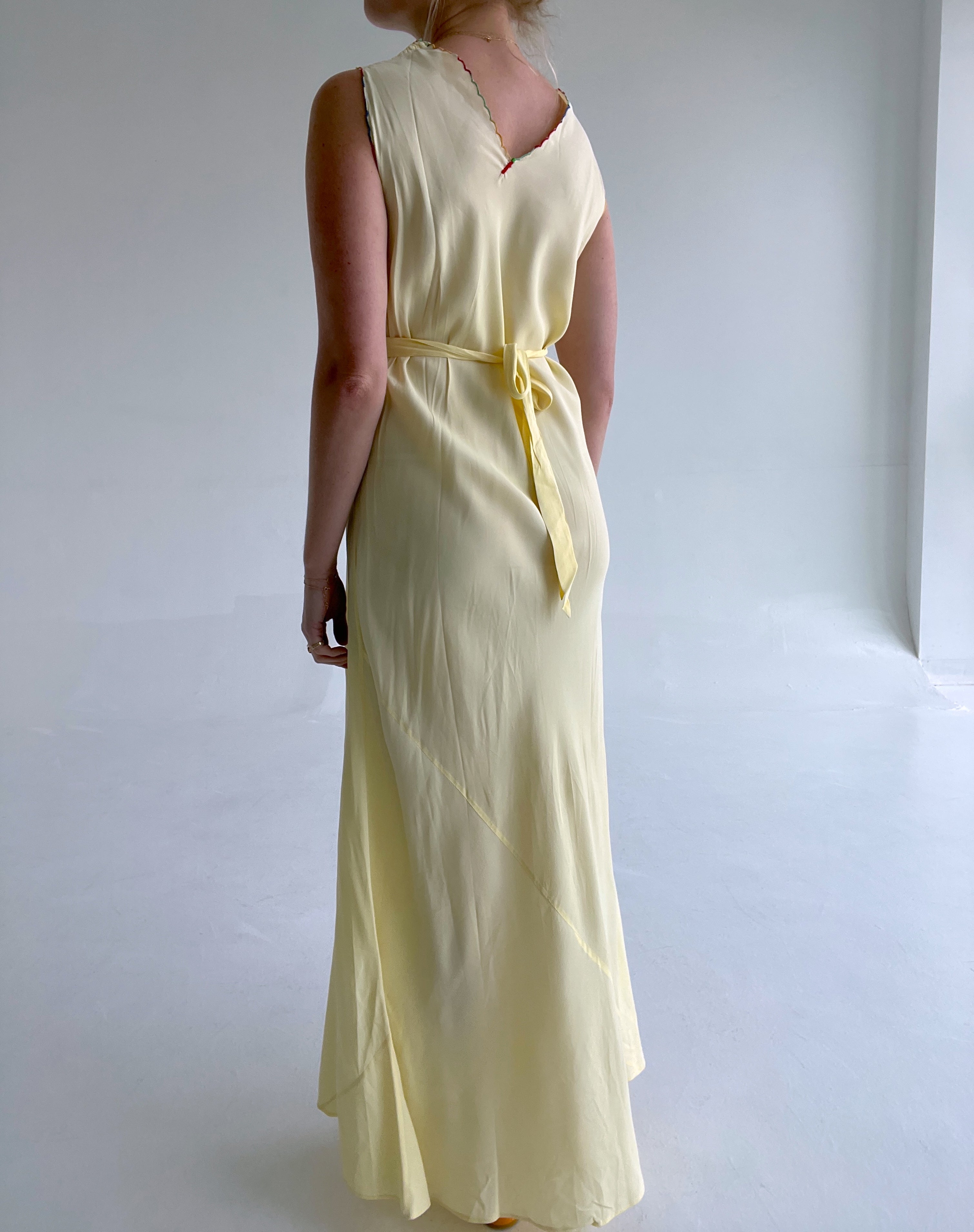 1930's Canary Yellow Dress with Multicolor Stitching