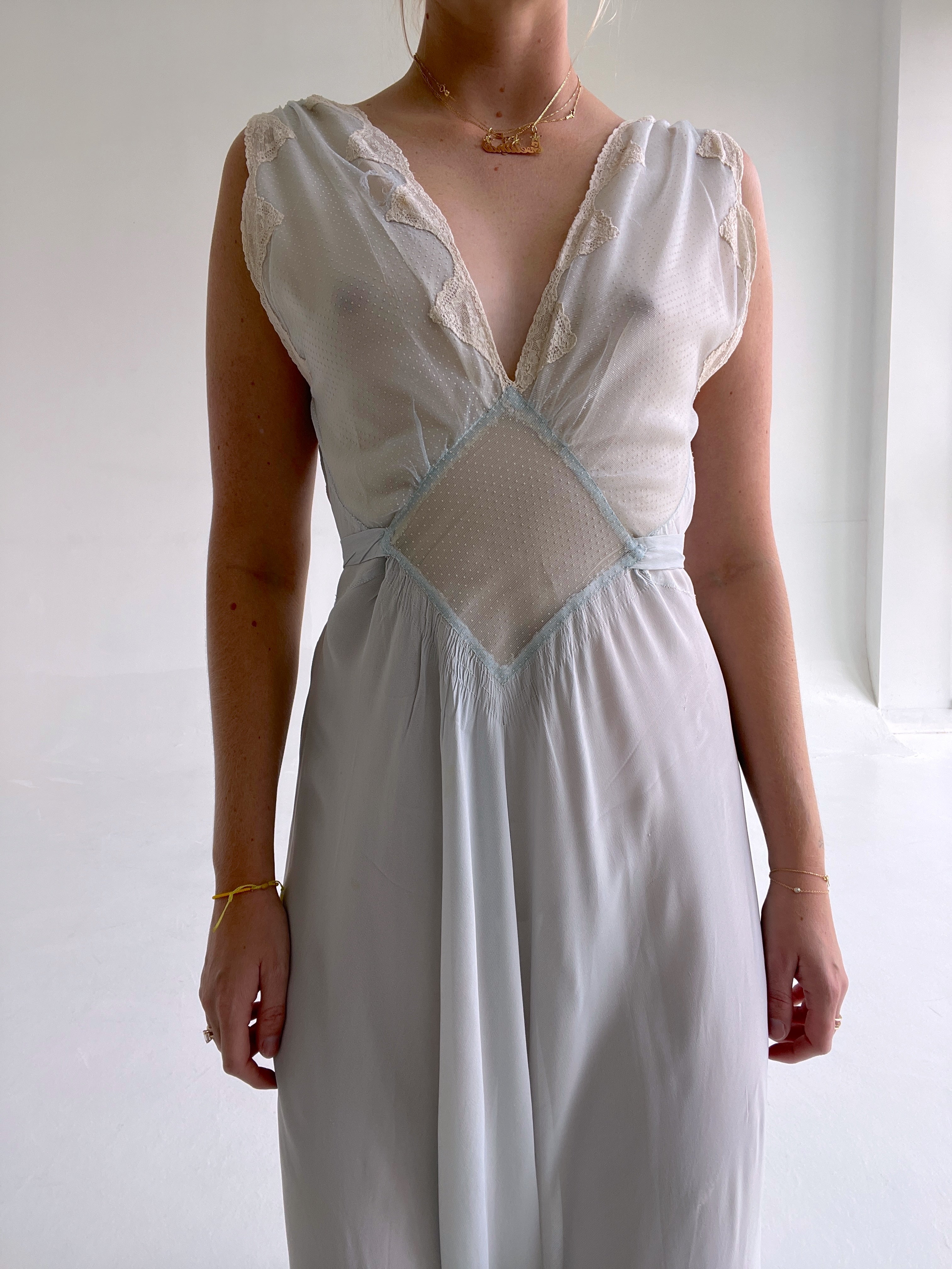 1940's Pale Blue Slip Dress with Cream Lace