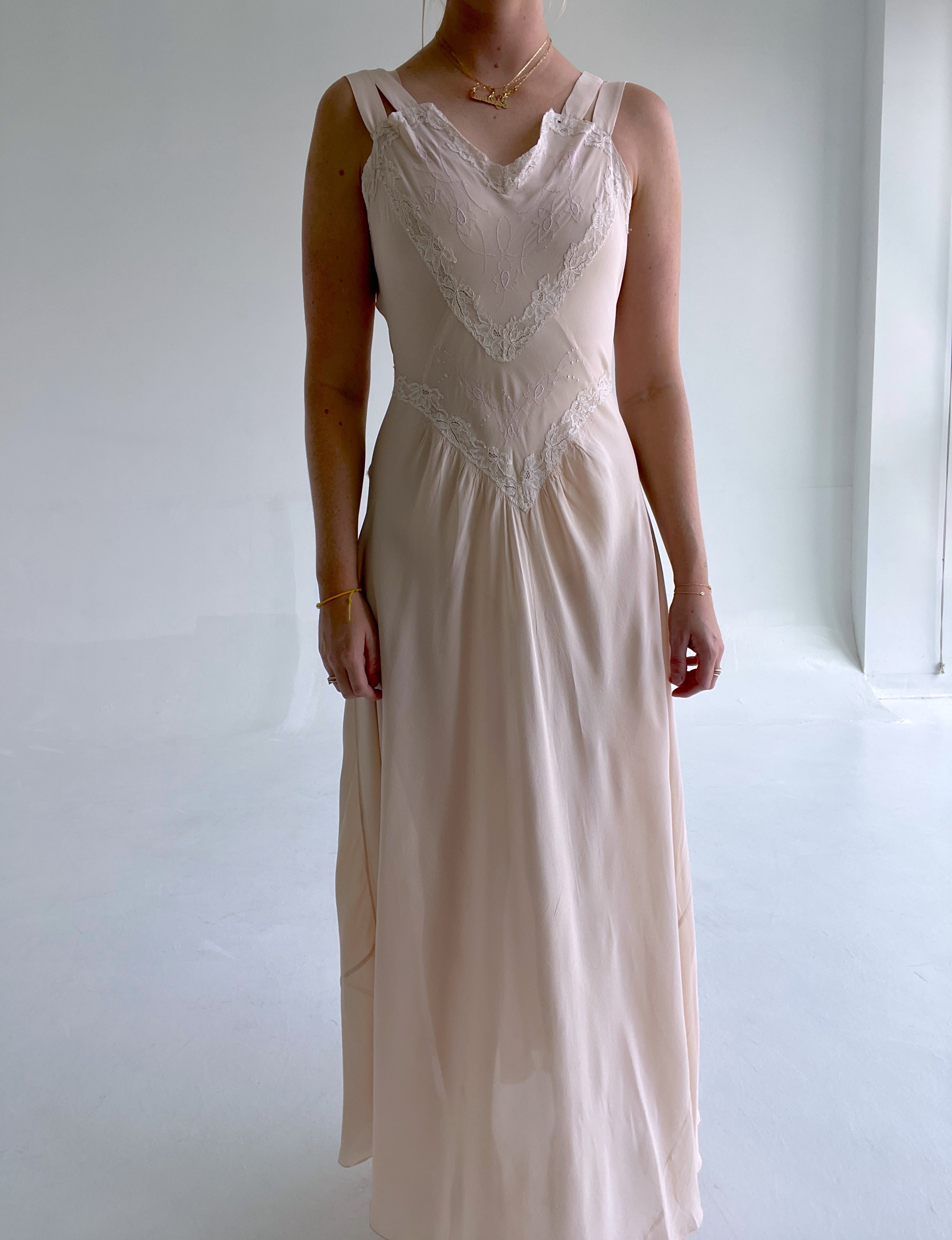 1930's Dusty Pale Pink Silk Chiffon Slip Dress with Leaf Embroidery