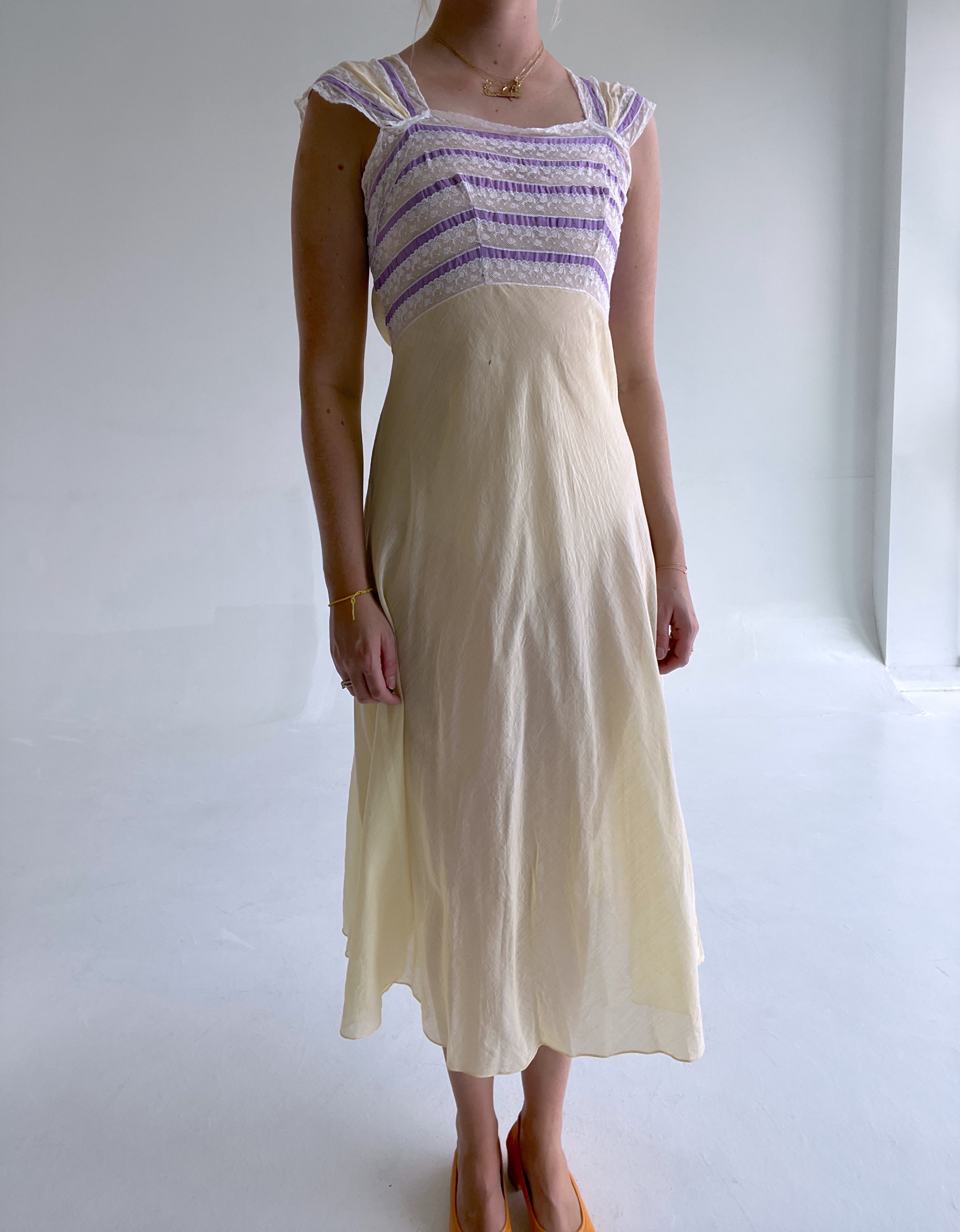 1930's Yellow Cotton Slip Dress with Purple Ribbon Inserts Eveliina Vintage 1930's Yellow Cotton Slip Dress with Purple Ribbon Inserts Eveliina Vintage