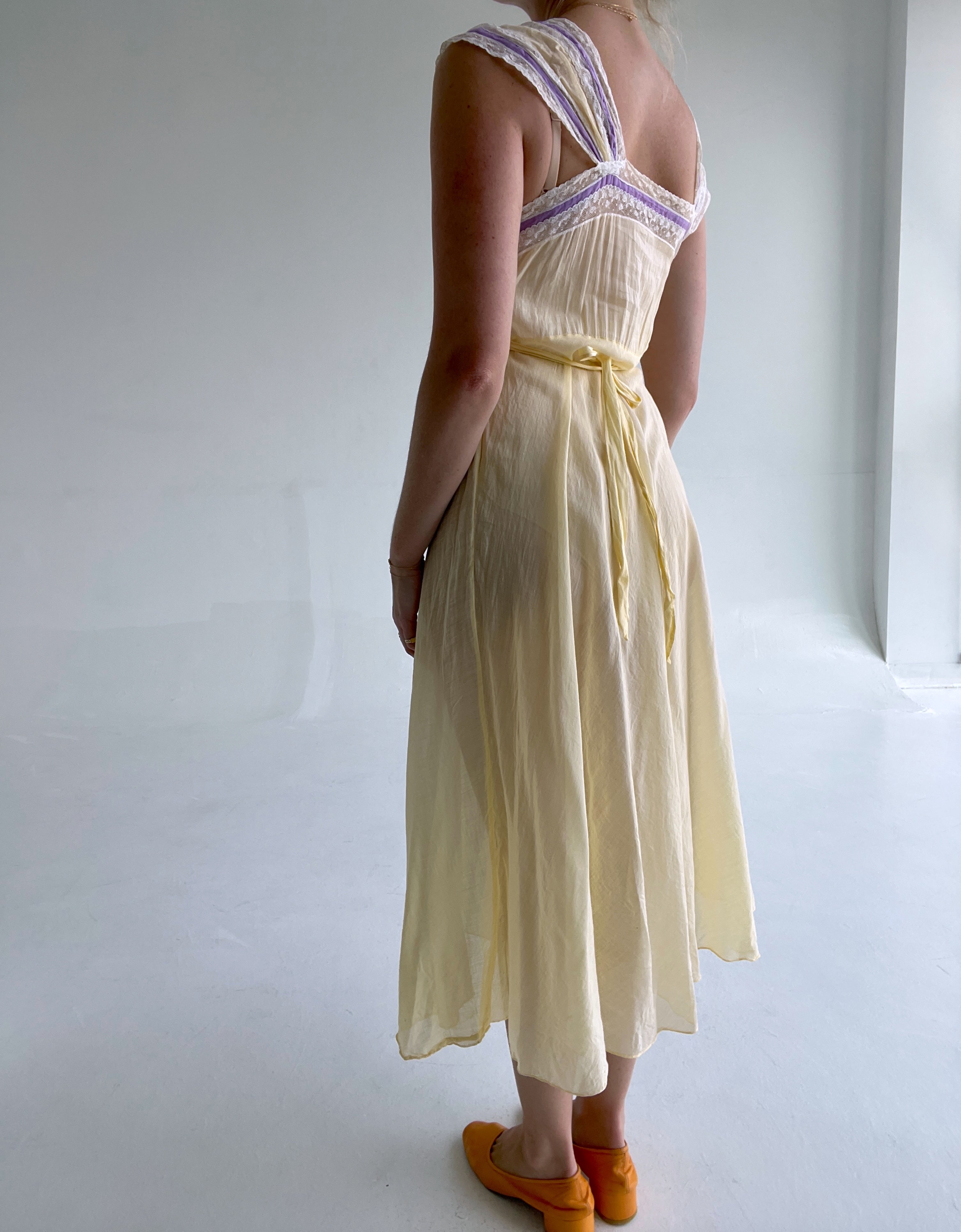 1930's Yellow Cotton Slip Dress with Purple Ribbon Inserts