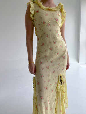 1930's Yellow Floral Print Ruffle Dress