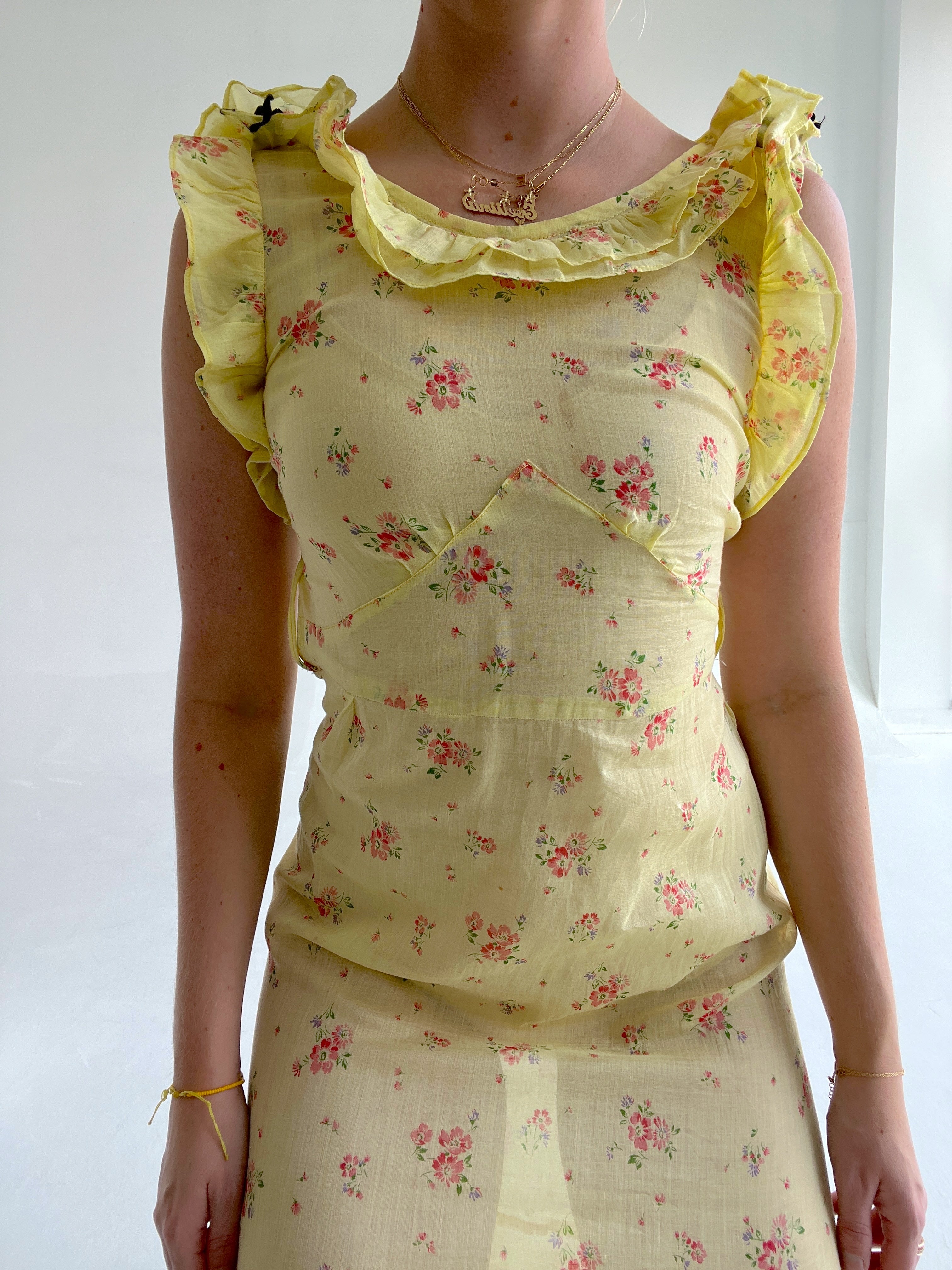 1930's Yellow Floral Print Ruffle Dress