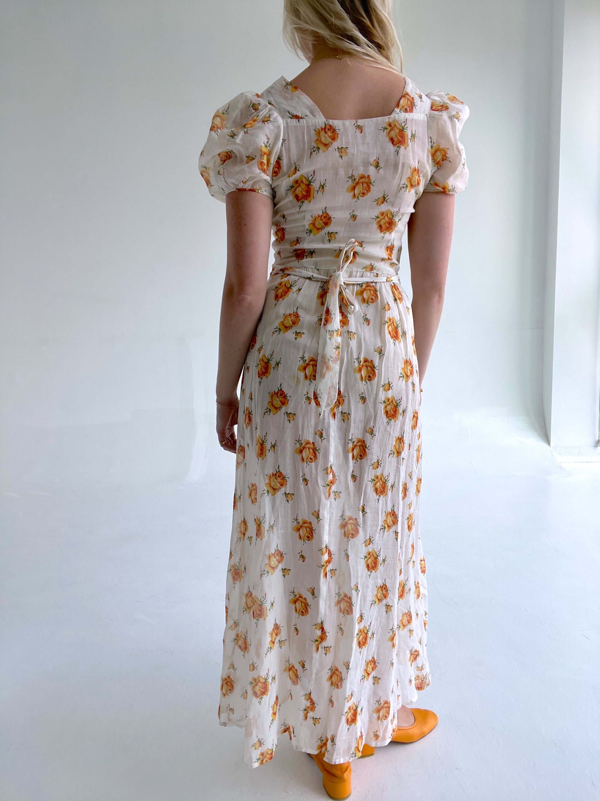 orange dress vintage 1930's Rose Print Puff Sleeve Cotton Voile – Eveliina size:00 Maxi dress has an Ladies Suit Jackets White long black mermaid evening dresses