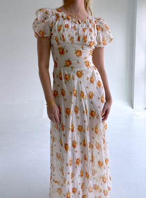 1930's Orange Rose Print Puff Sleeve Cotton Voile Dress