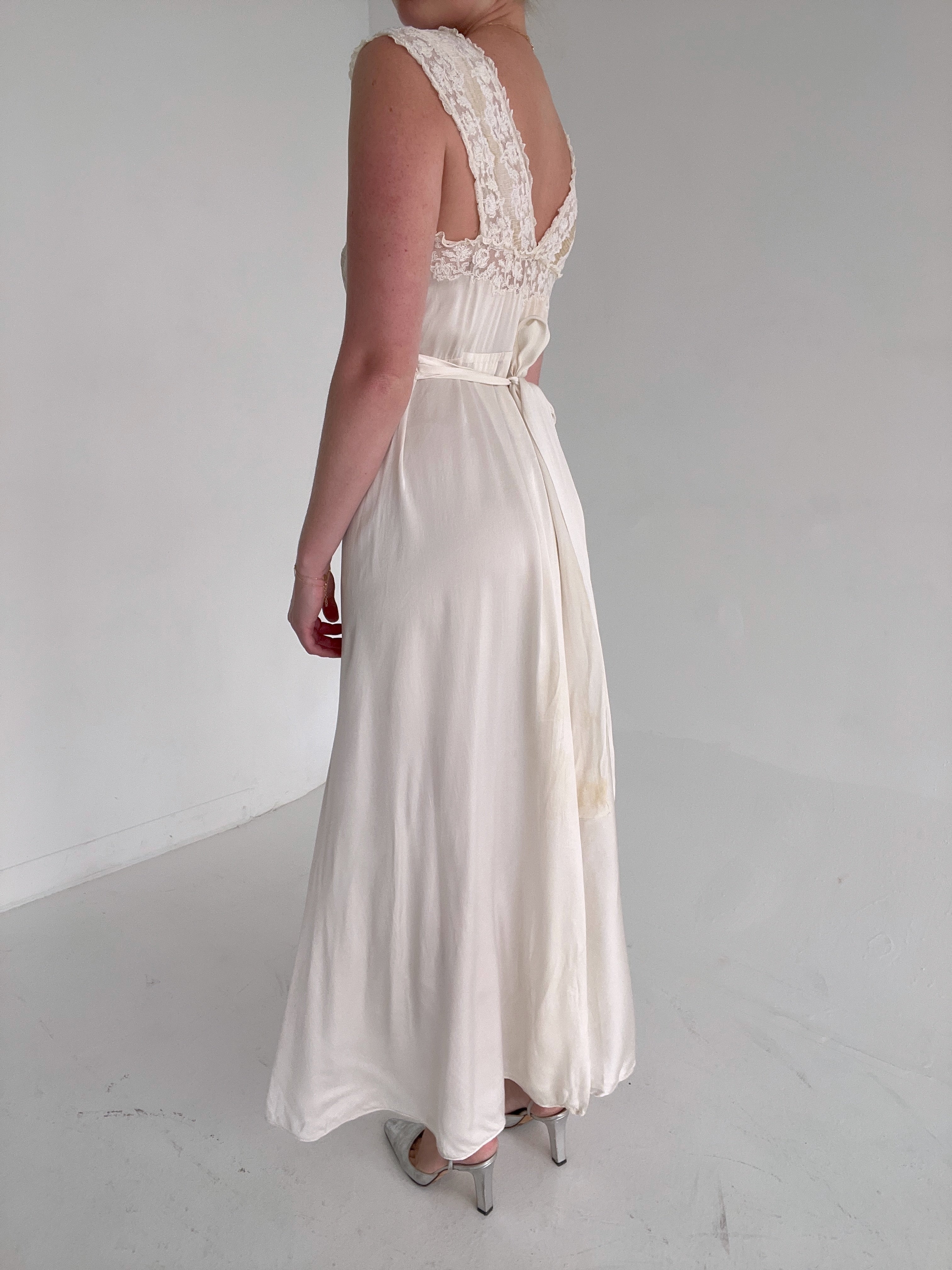 1930's Off White Silk Dress with Lace Inserts