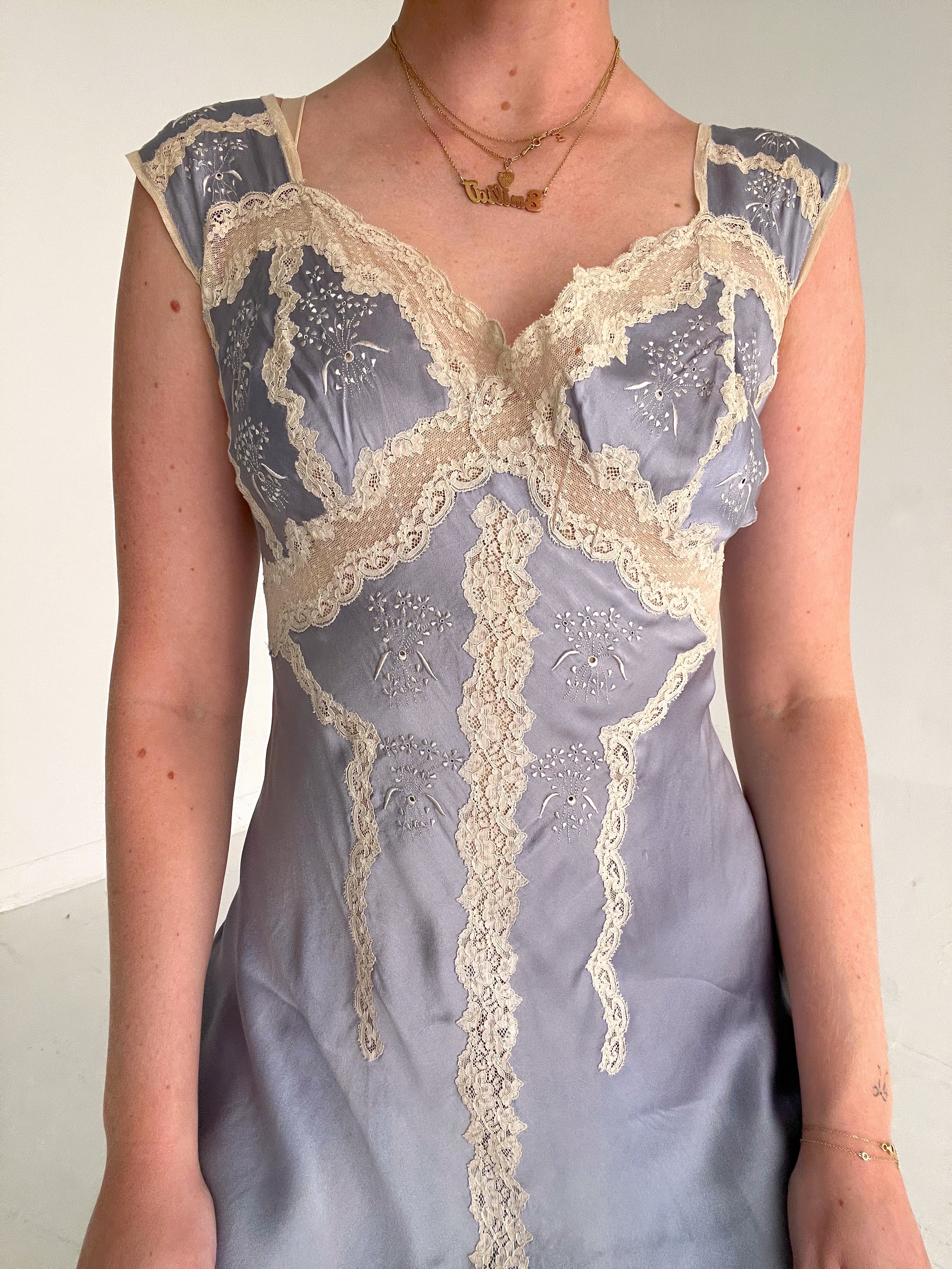 1930's Blue Hyacinth Silk Dress with Cream Lace