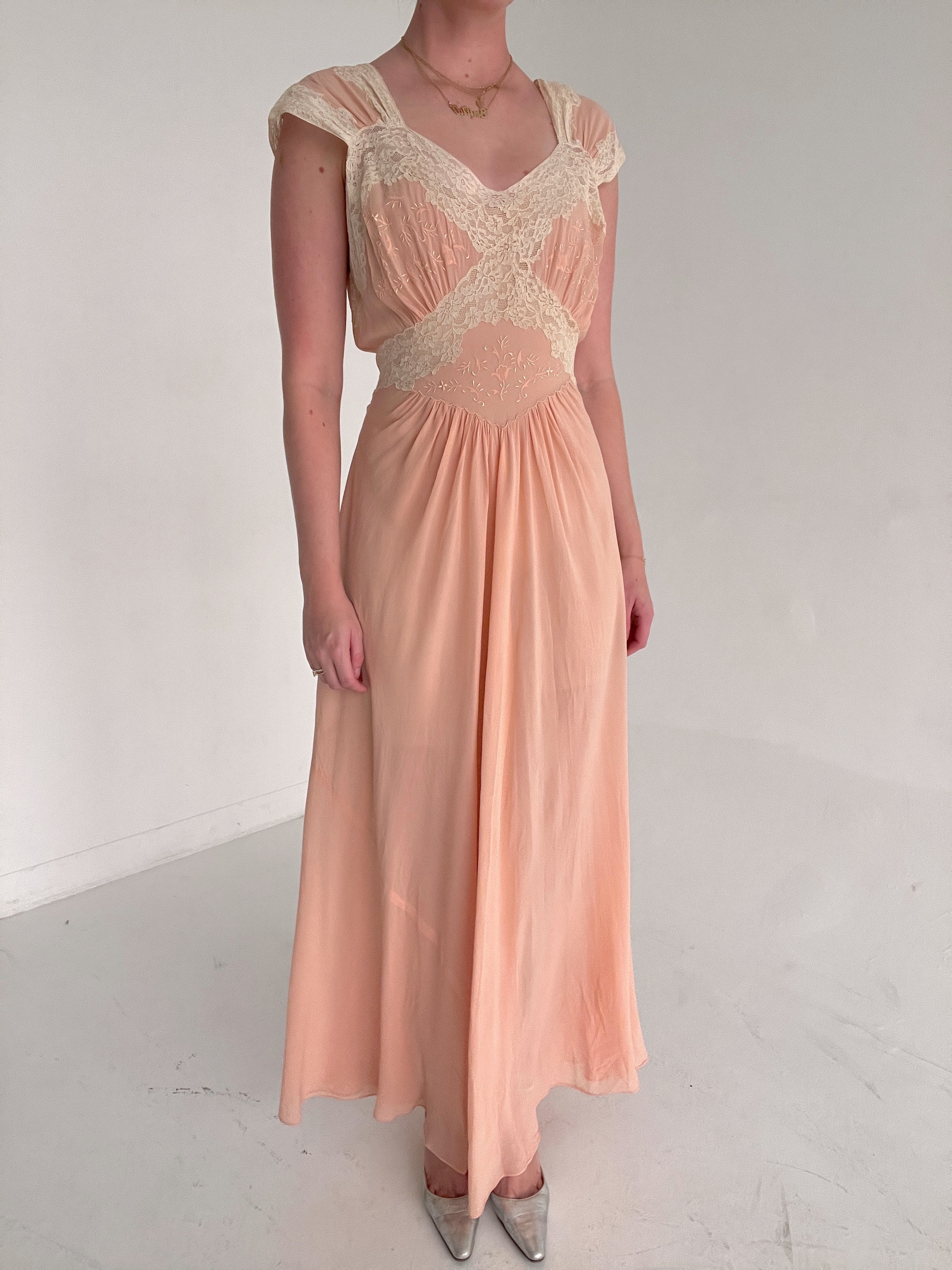 1930's Peachy Pink Silk Dress with Cream Lace