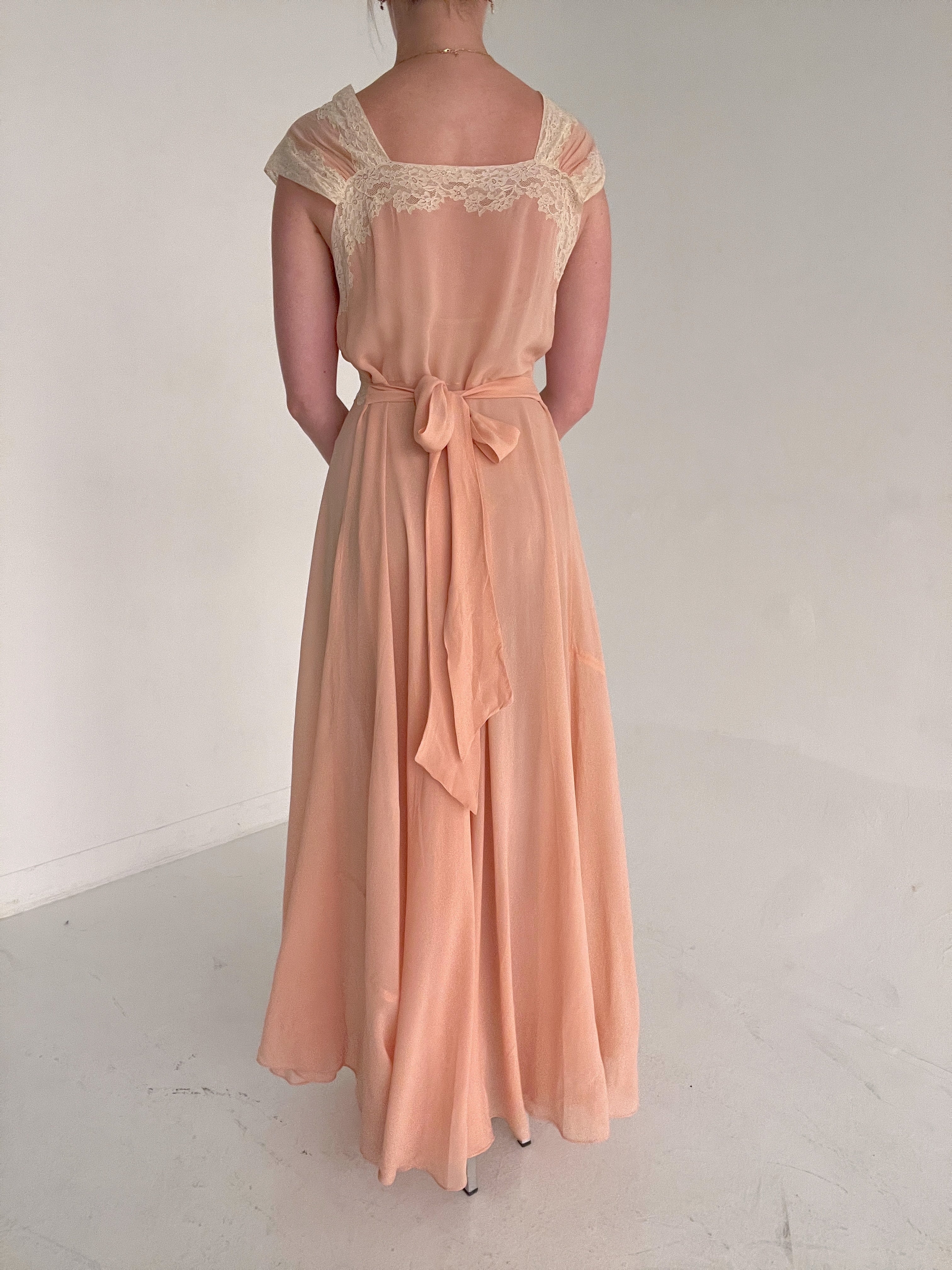 1930's Peachy Pink Silk Dress with Cream Lace