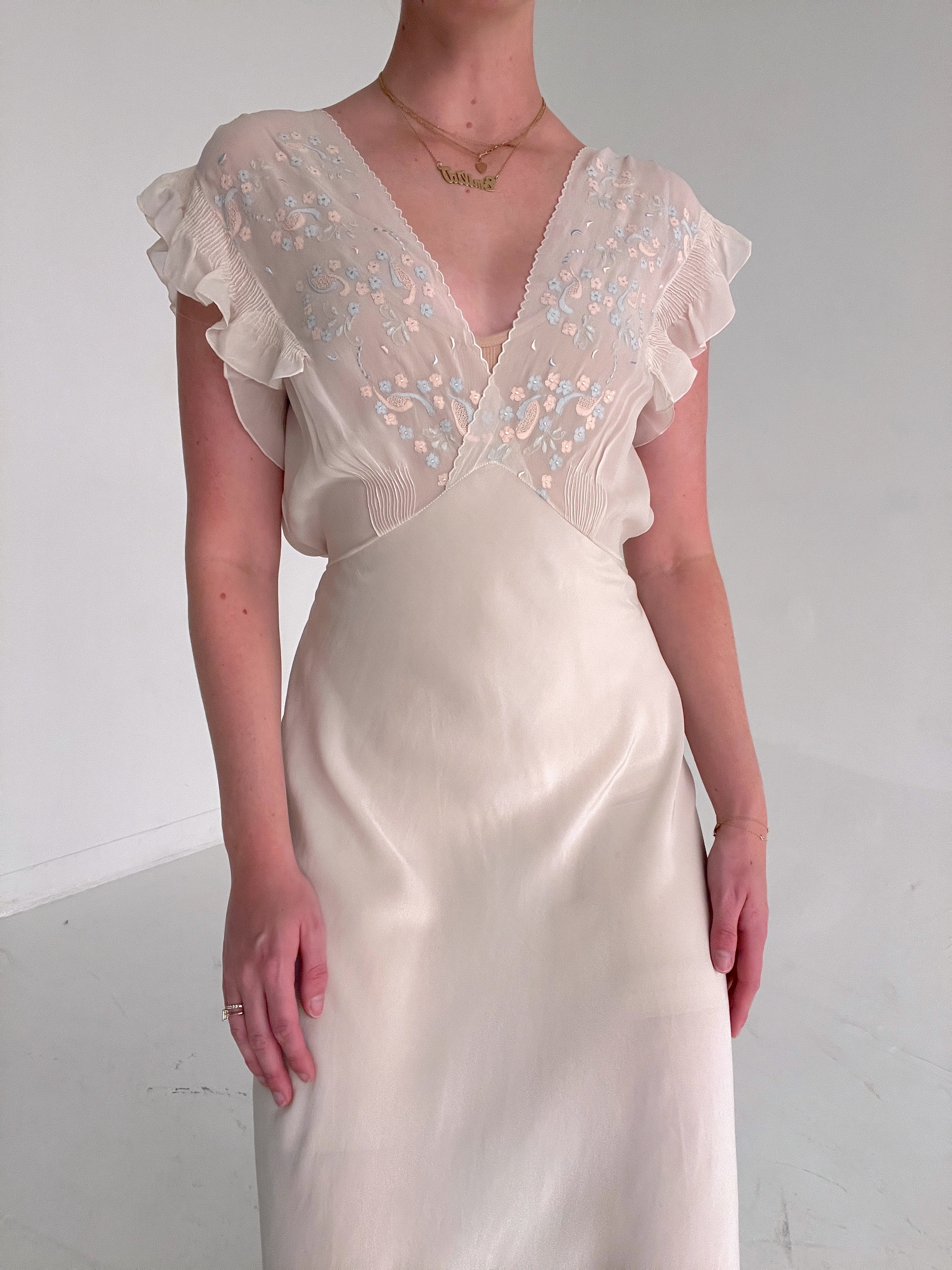 1930's White Silk Dress with Pink and Blue Floral Embroidery Eveliina Vintage 1930's White Silk Dress with Pink and Blue Floral Embroidery Eveliina Vintage